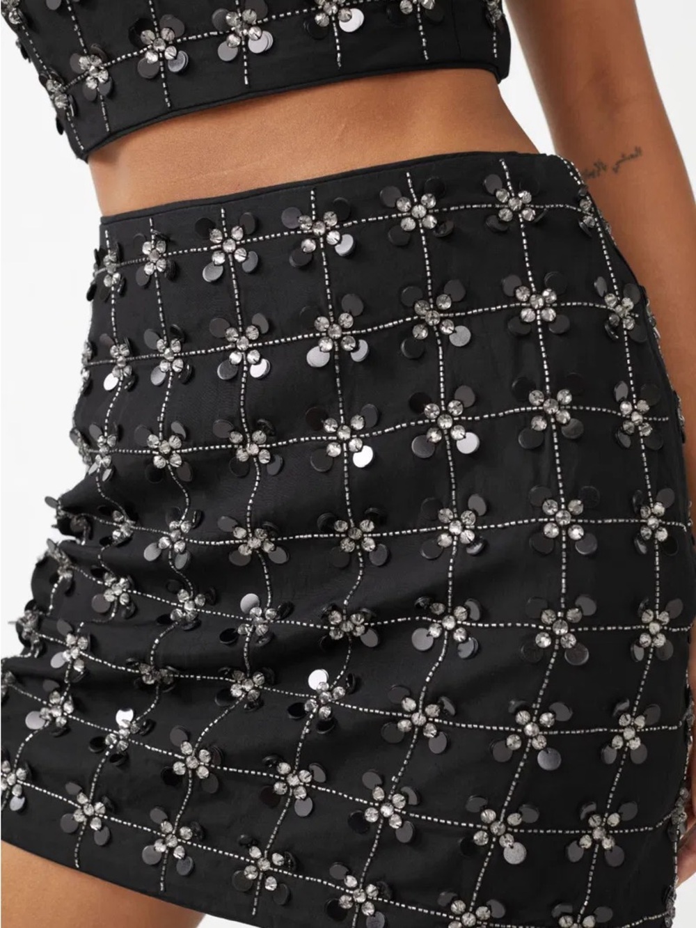 NWOT & Other Stories Black Mini Skirt with Silver Beaded Floral Grid sz S